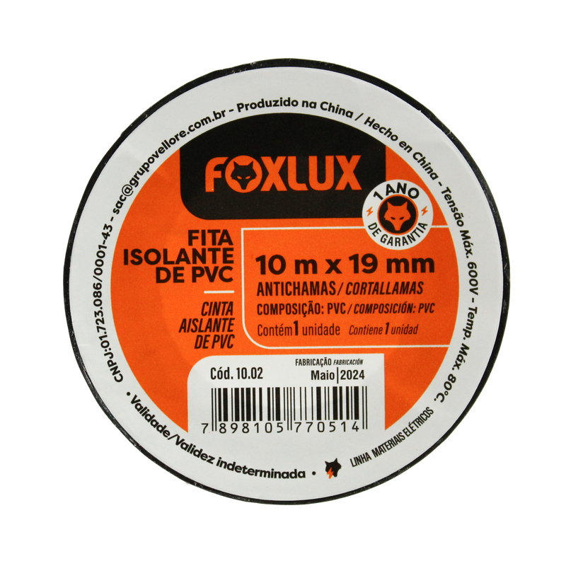 Tape Elect. Negro Foxlux 10M 10/1 10.02 (UNIDAD)