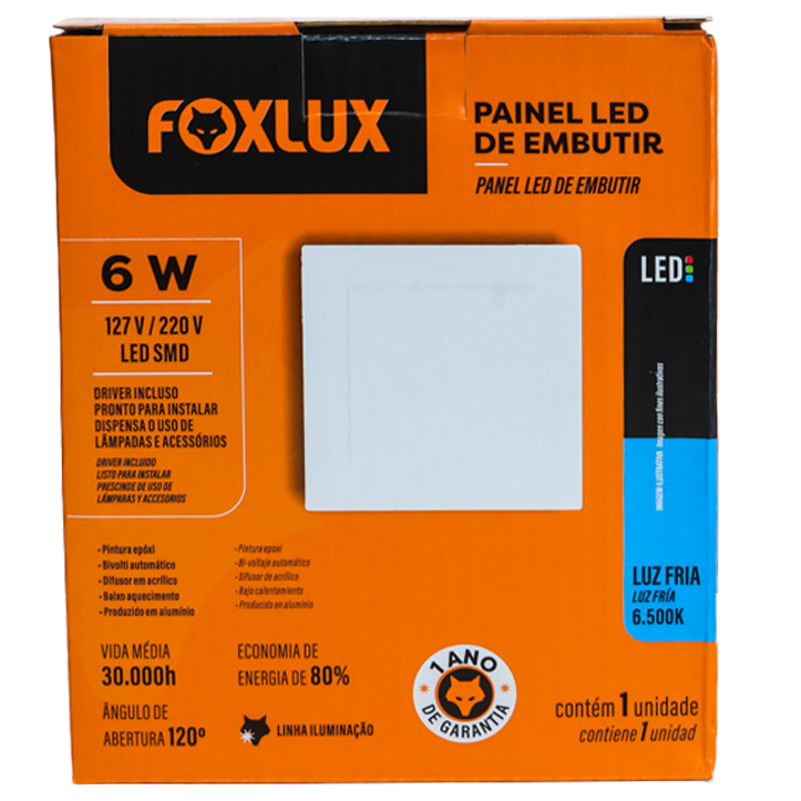 Lampara Led Foxlux Cuadrada Empotrar 6W 6500K LED90.46 (UNIDAD)