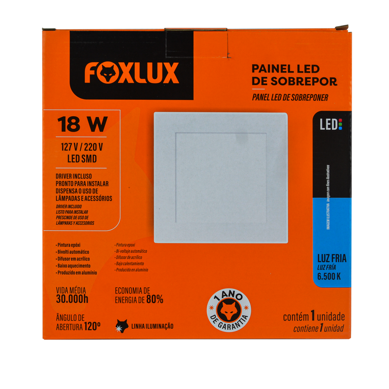 Lampara Led Foxlux Cuadrada Superficie 18W 6500K LED90.67 (UNIDAD)