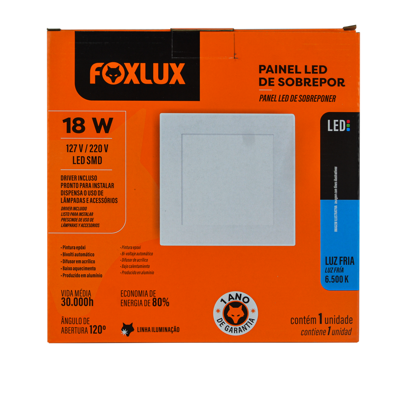 Lampara Led Foxlux Cuadrada Superficie 18W 6500K LED90.67 (UNIDAD)