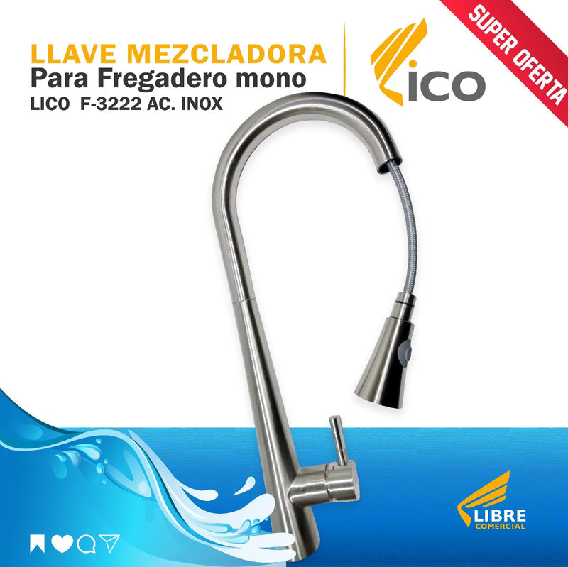 Llave Mezcladora para Fregadero Mono Lico F-3222 Ac. Inox. (UNIDAD)